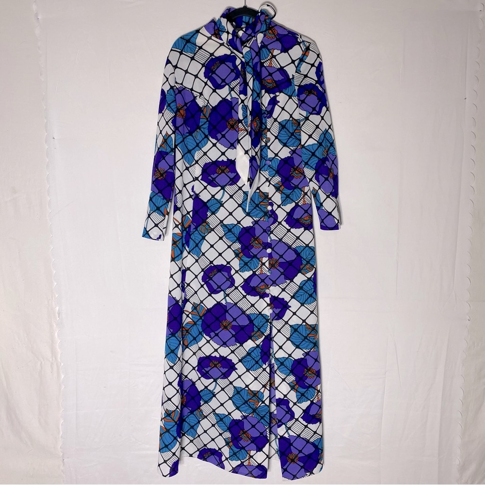 Vintage 70’s Handmade White Purple Blue Long Sleeve Maxi Dress L